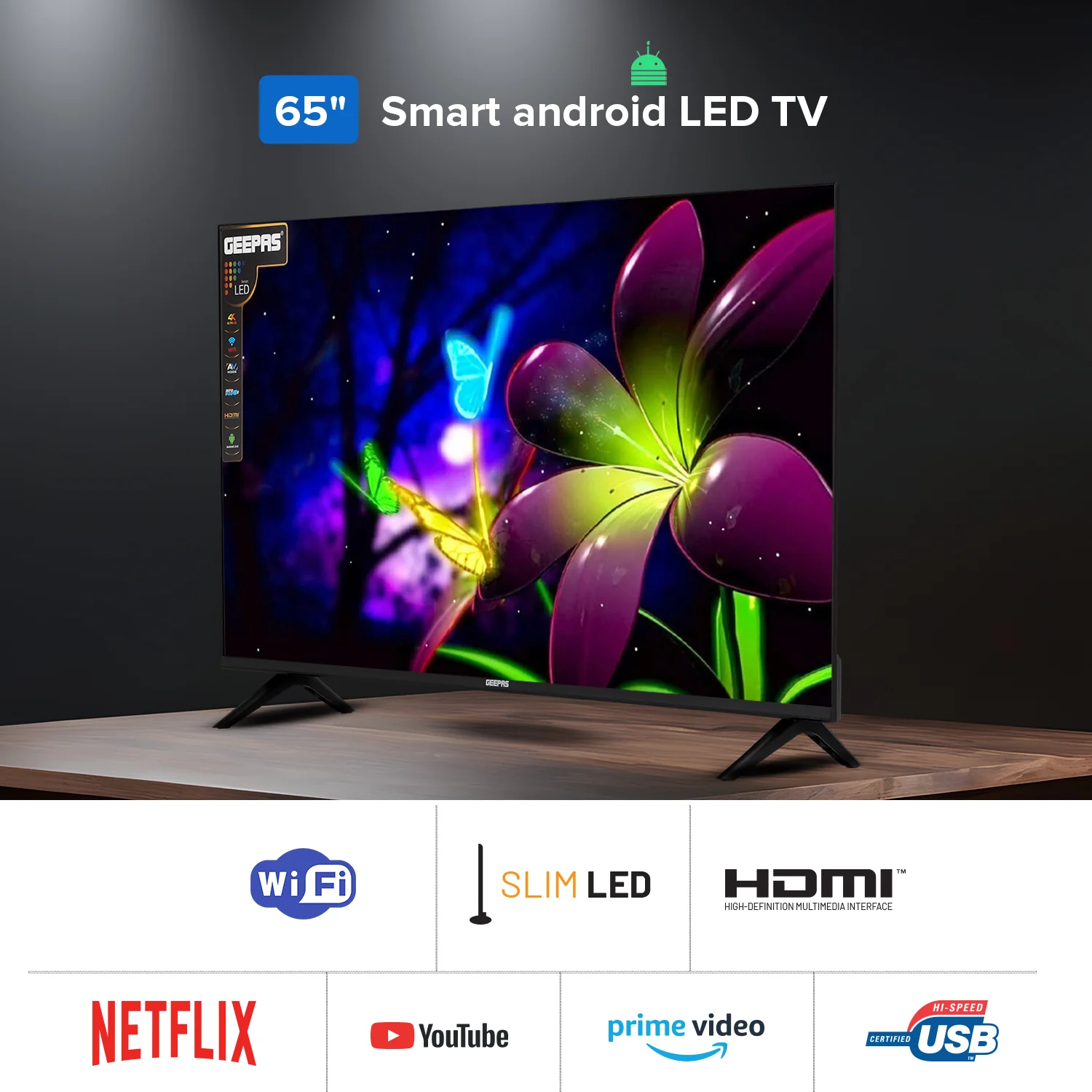 Geepas GLED6538SEUHD 65 Inch Ultra HD Smart LED TV | 4K UHD Frameless Display| HDR| HDMI| USB Connectivity| Smart Apps| HQ Sound |  Remote Control| 2x8W Audio Output - Image 4