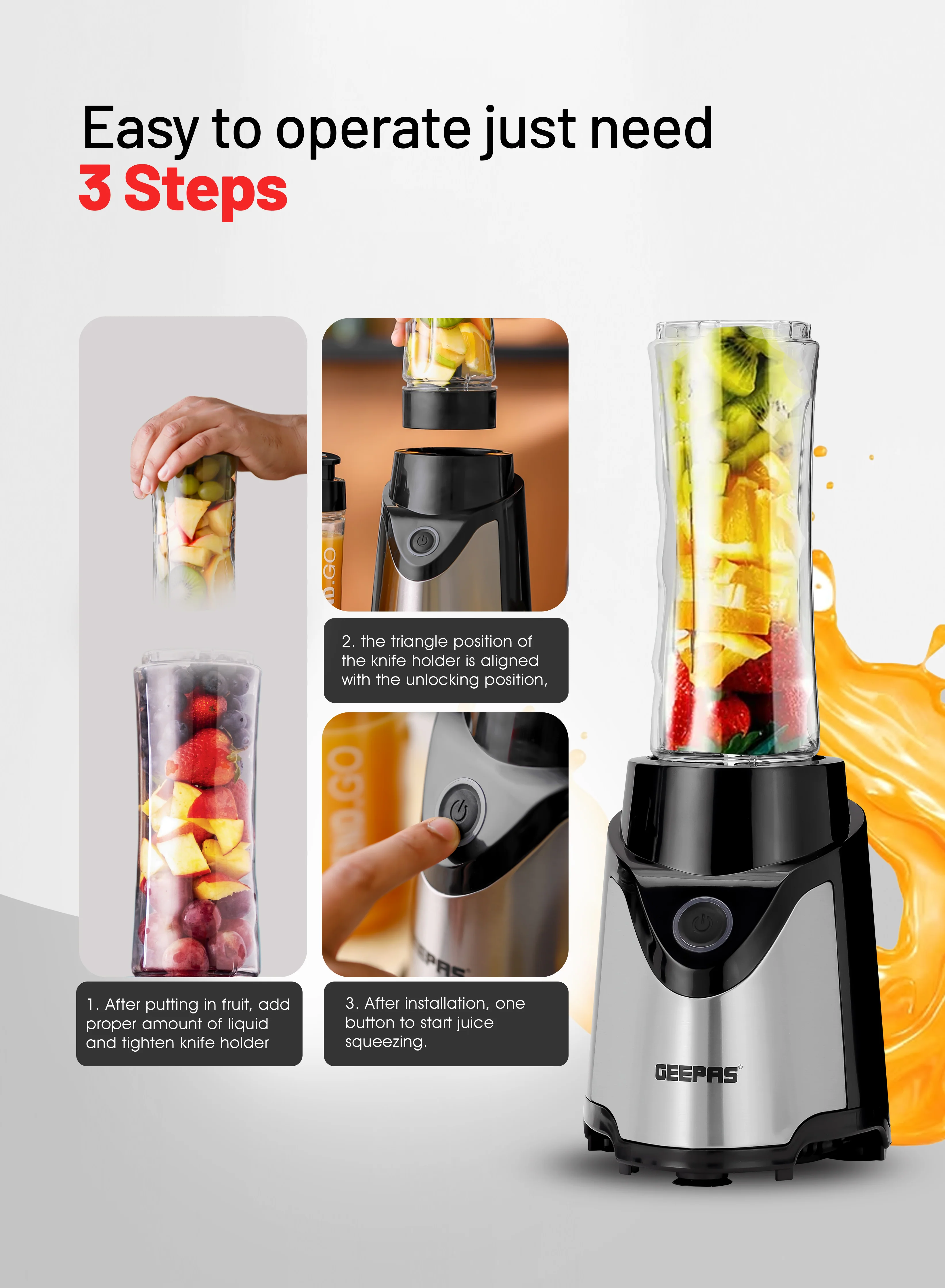 Geepas Personal Blender- GSB44075N| 500W Powerful Motor with 2 Plastic Sport Bottles, 570 ML & 400 ML| Transparent and Unbreakable Bottles with Stainless Steel Blade - Image 2