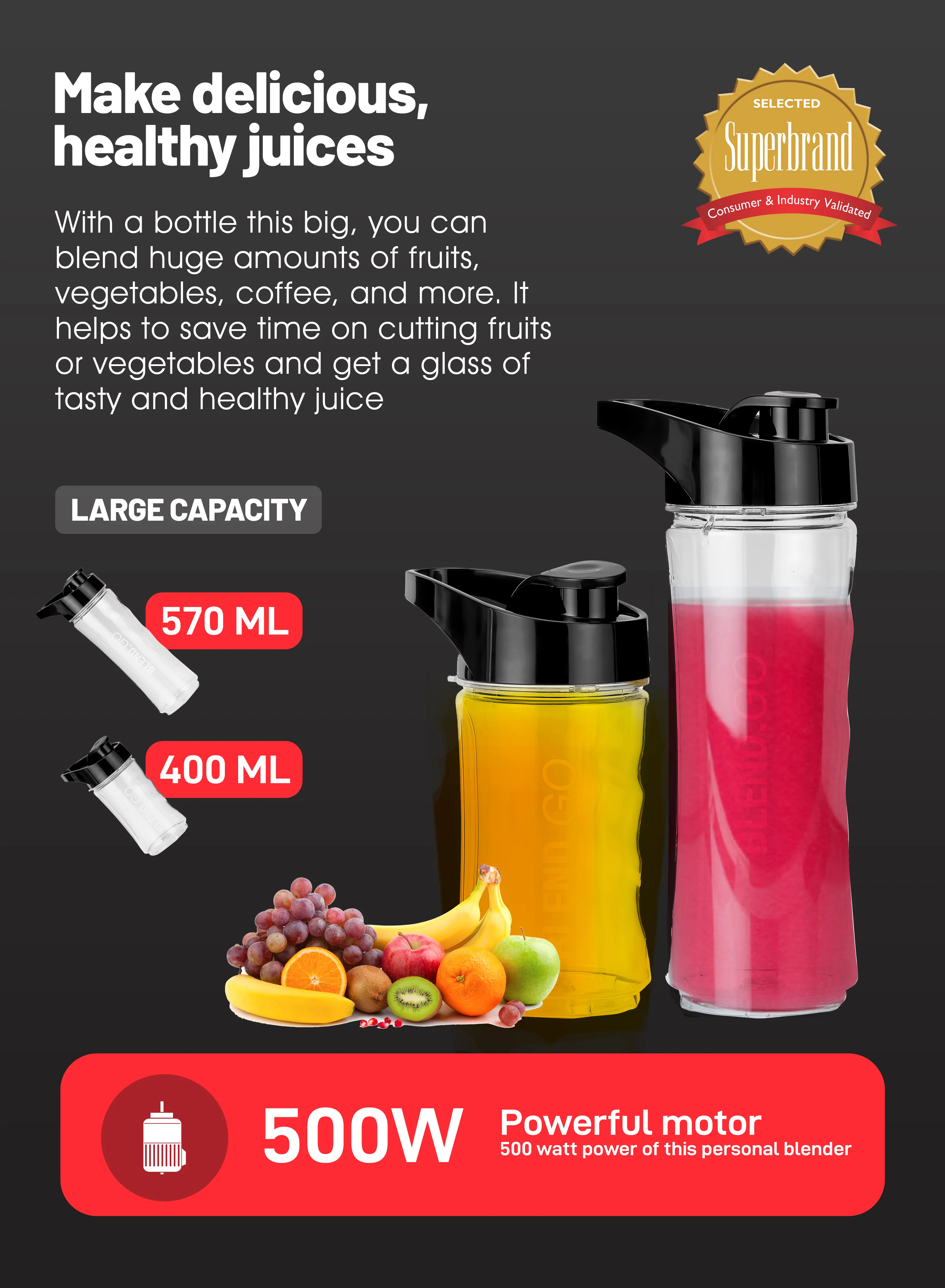 Geepas Personal Blender- GSB44075N| 500W Powerful Motor with 2 Plastic Sport Bottles, 570 ML & 400 ML| Transparent and Unbreakable Bottles with Stainless Steel Blade - Image 3