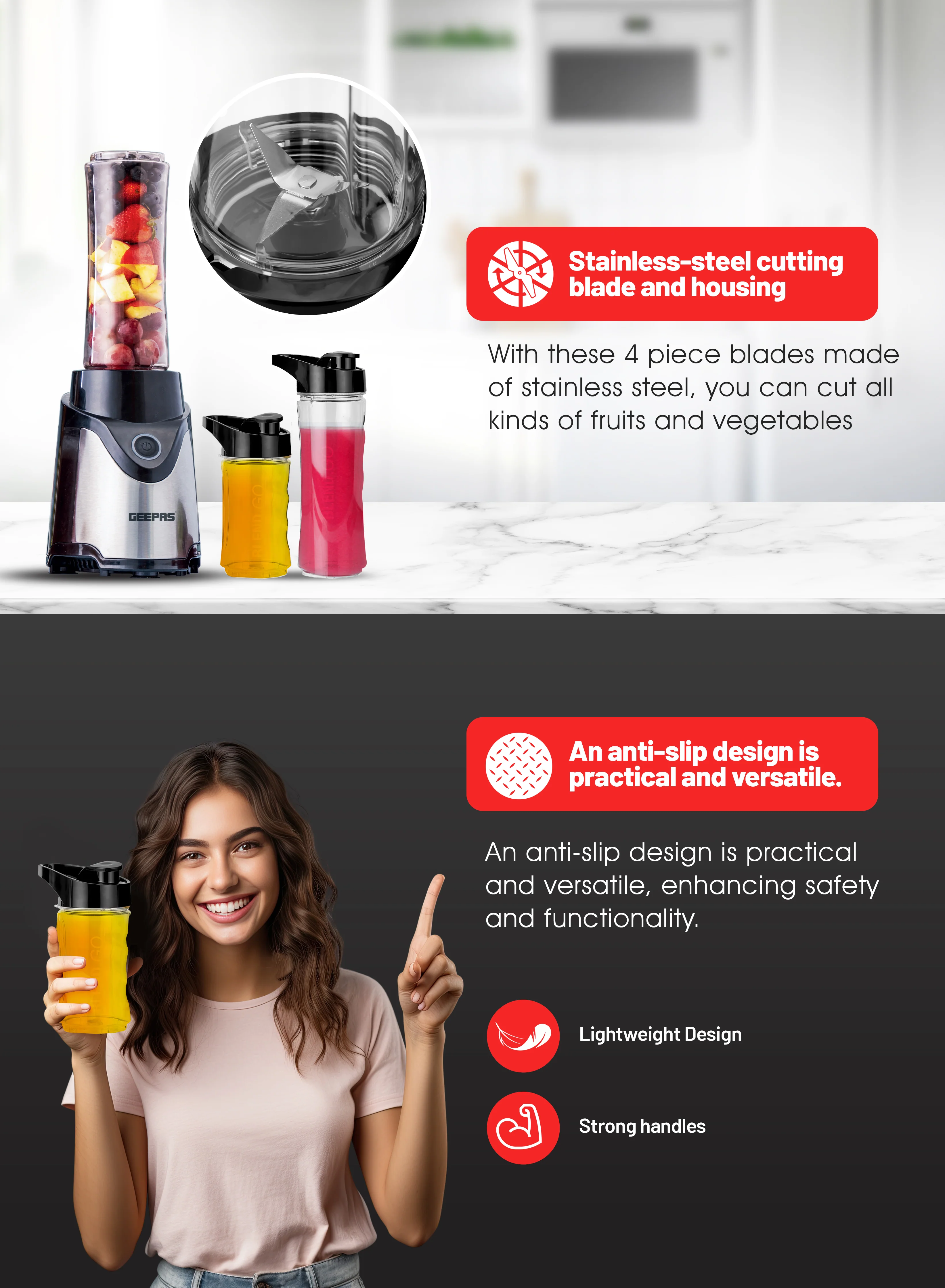 Geepas Personal Blender- GSB44075N| 500W Powerful Motor with 2 Plastic Sport Bottles, 570 ML & 400 ML| Transparent and Unbreakable Bottles with Stainless Steel Blade - Image 4
