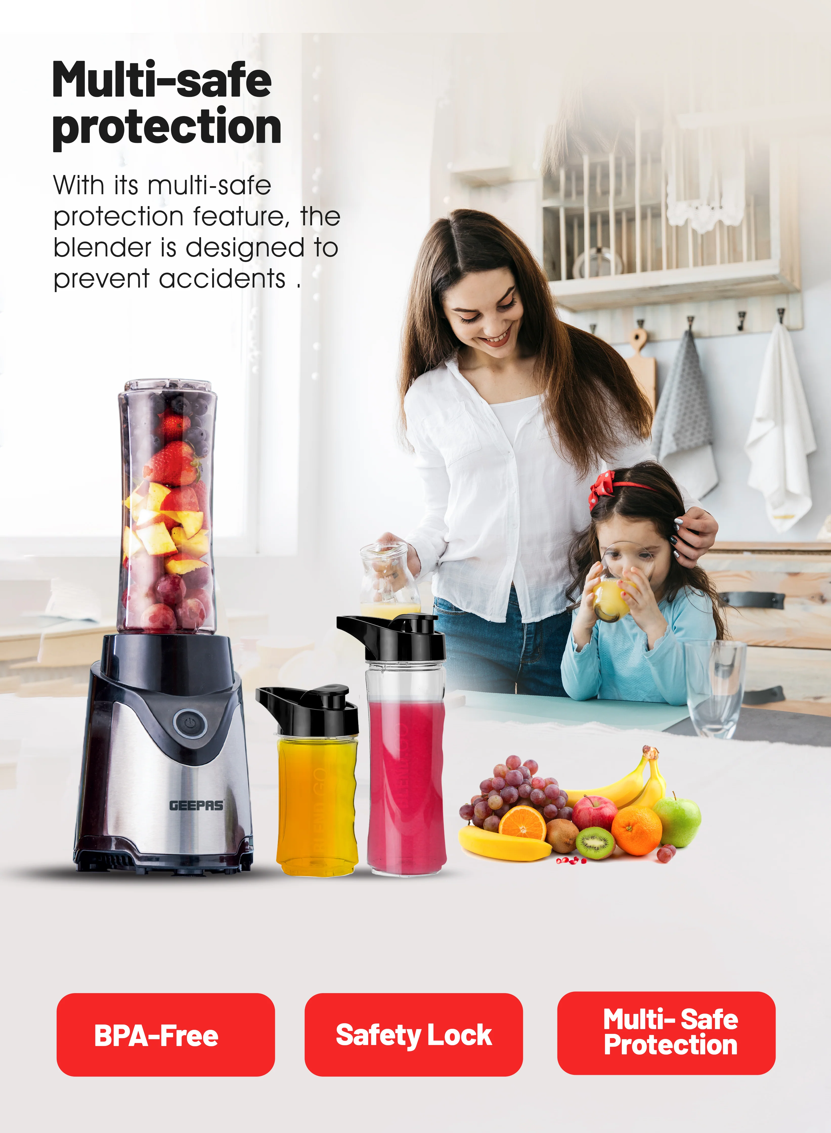 Geepas Personal Blender- GSB44075N| 500W Powerful Motor with 2 Plastic Sport Bottles, 570 ML & 400 ML| Transparent and Unbreakable Bottles with Stainless Steel Blade - Image 6