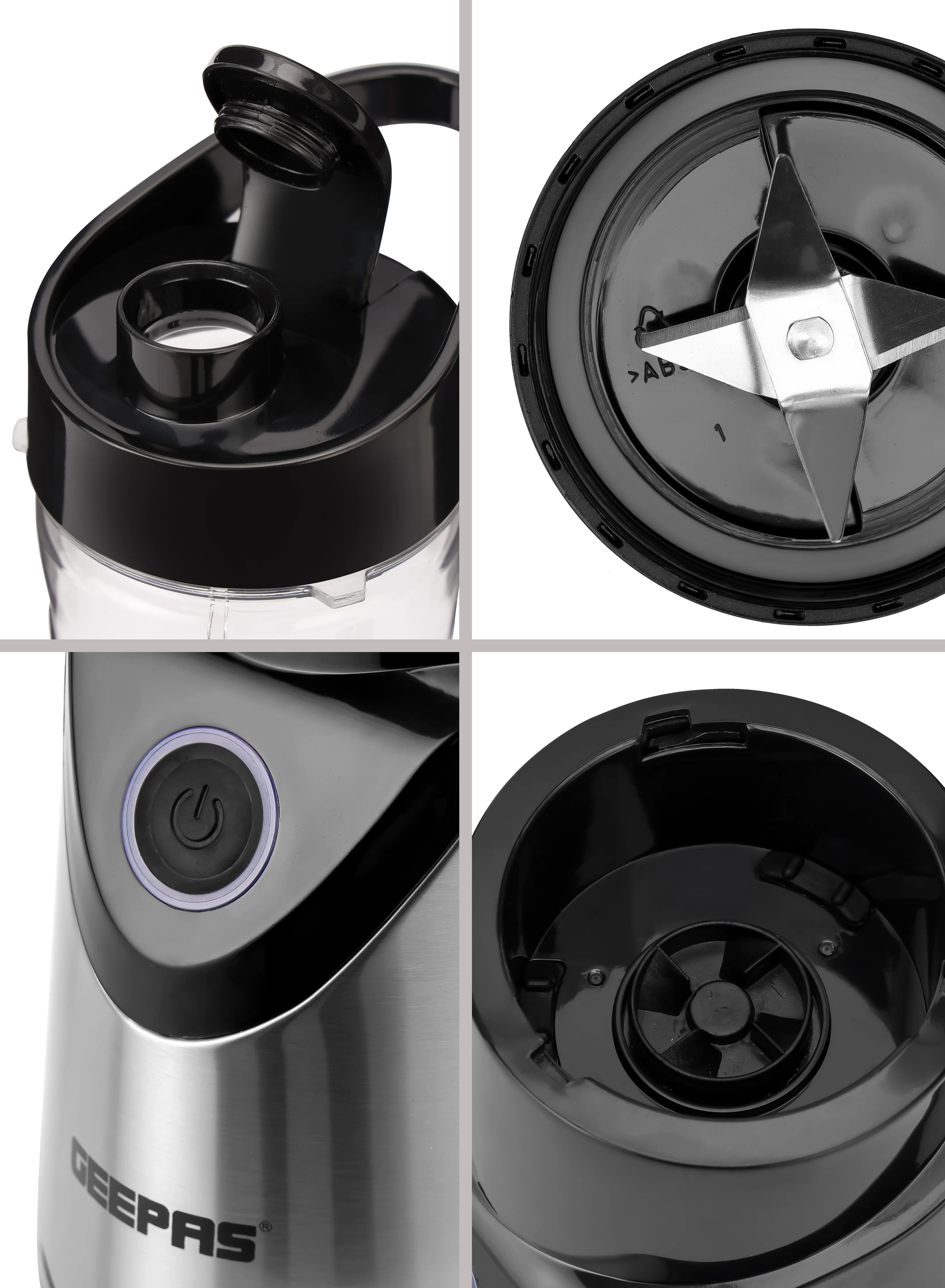 Geepas Personal Blender- GSB44075N| 500W Powerful Motor with 2 Plastic Sport Bottles, 570 ML & 400 ML| Transparent and Unbreakable Bottles with Stainless Steel Blade - Image 7